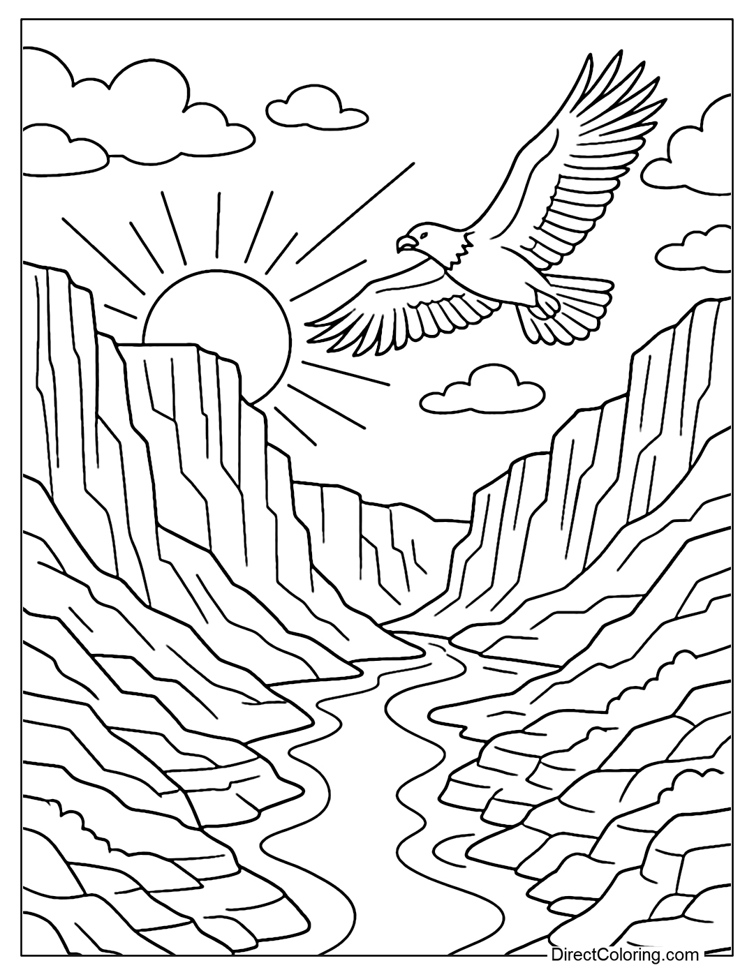 Coloring page of deep canyon with rocky mountains, flying eagles and sunrise.